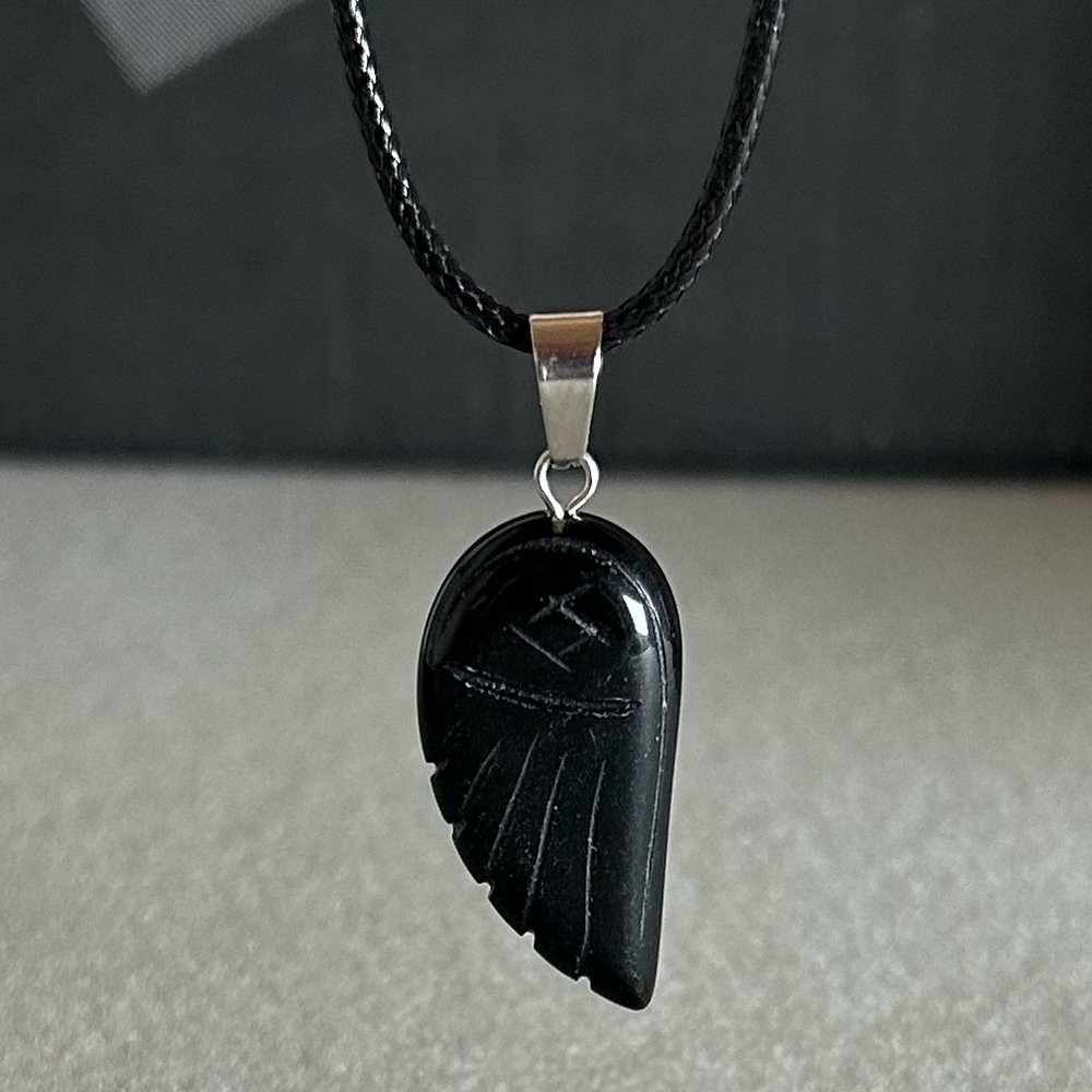Black Obsidian Angel Wing Pendant Natural Crystal Gemstone Necklace